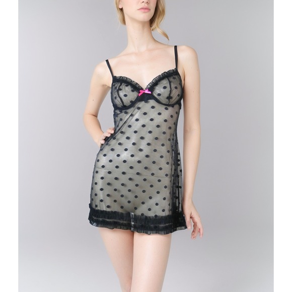 Sexy Black‎ Sheer Mesh Slip Dress Ruffle Trim Pink Bow Size 6 - Picture 1 of 8